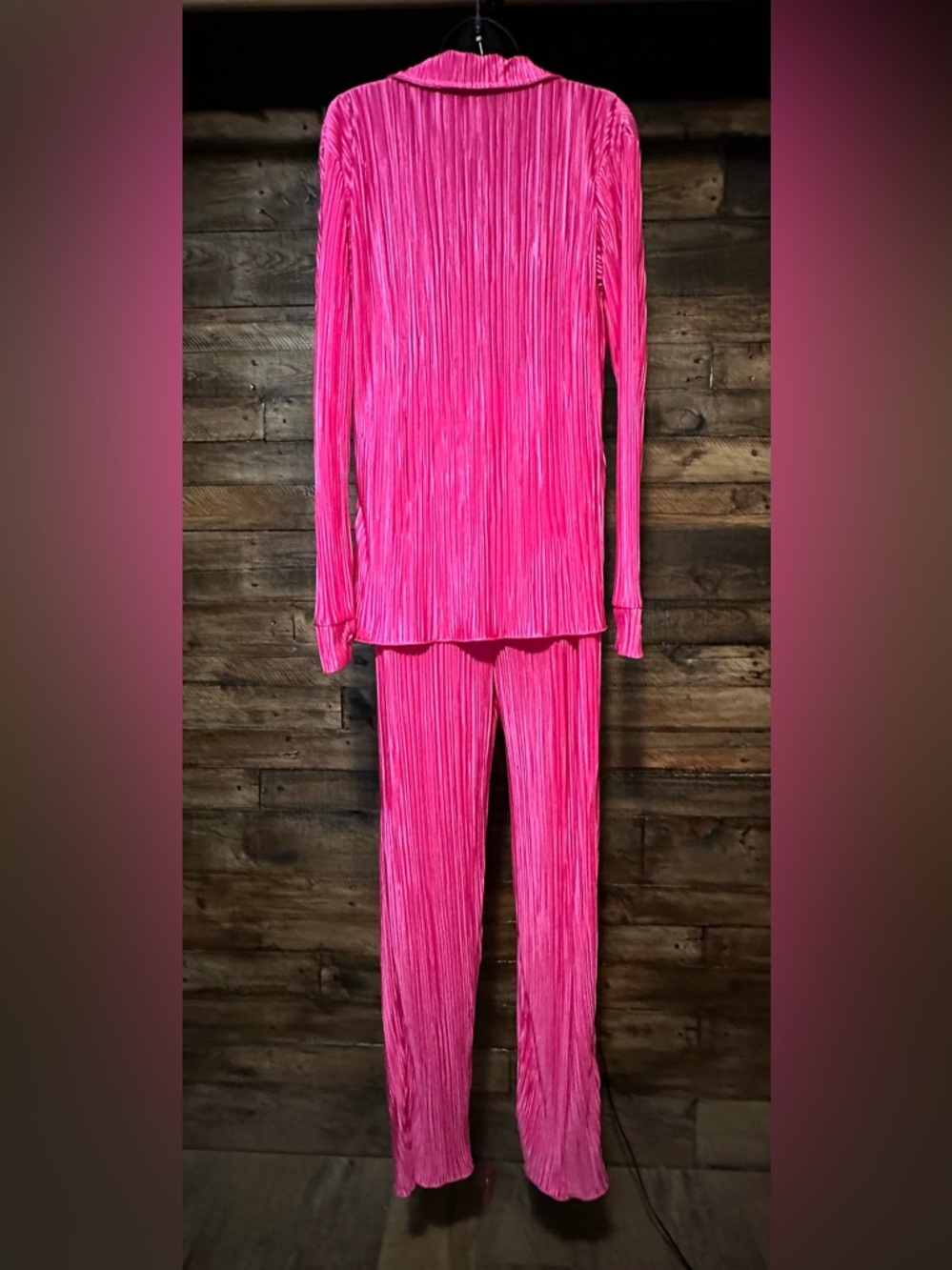 Fuchsia Pleated Plisse Button Up Two-Piece Set - Picture 3 of 9
